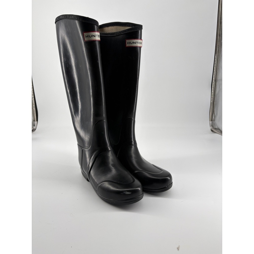 Hunter Original Tall Gloss Black Rain Boots Womens US 6 No Buckle Pull On Sleek